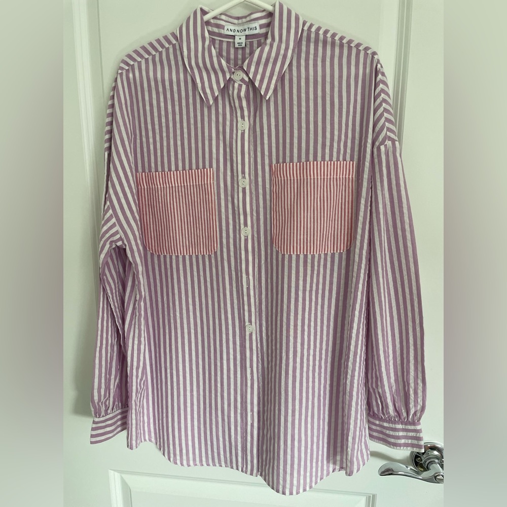 And Now This - Striper Seersucker Long Sleeve Shirt, Pale purple/white, Medium